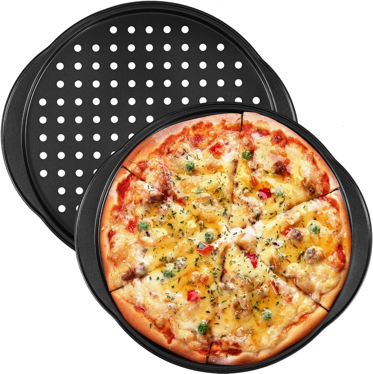 new 2Pcs Pizza Pans with Holes, 14in Round Tray for Oven, Non-stick Black 07FC0E-D4 - KOEEK