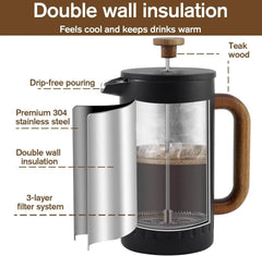 34 oz. French press coffee maker, press with double insulation and dual filters 07FC0E-D4 - KOEEK