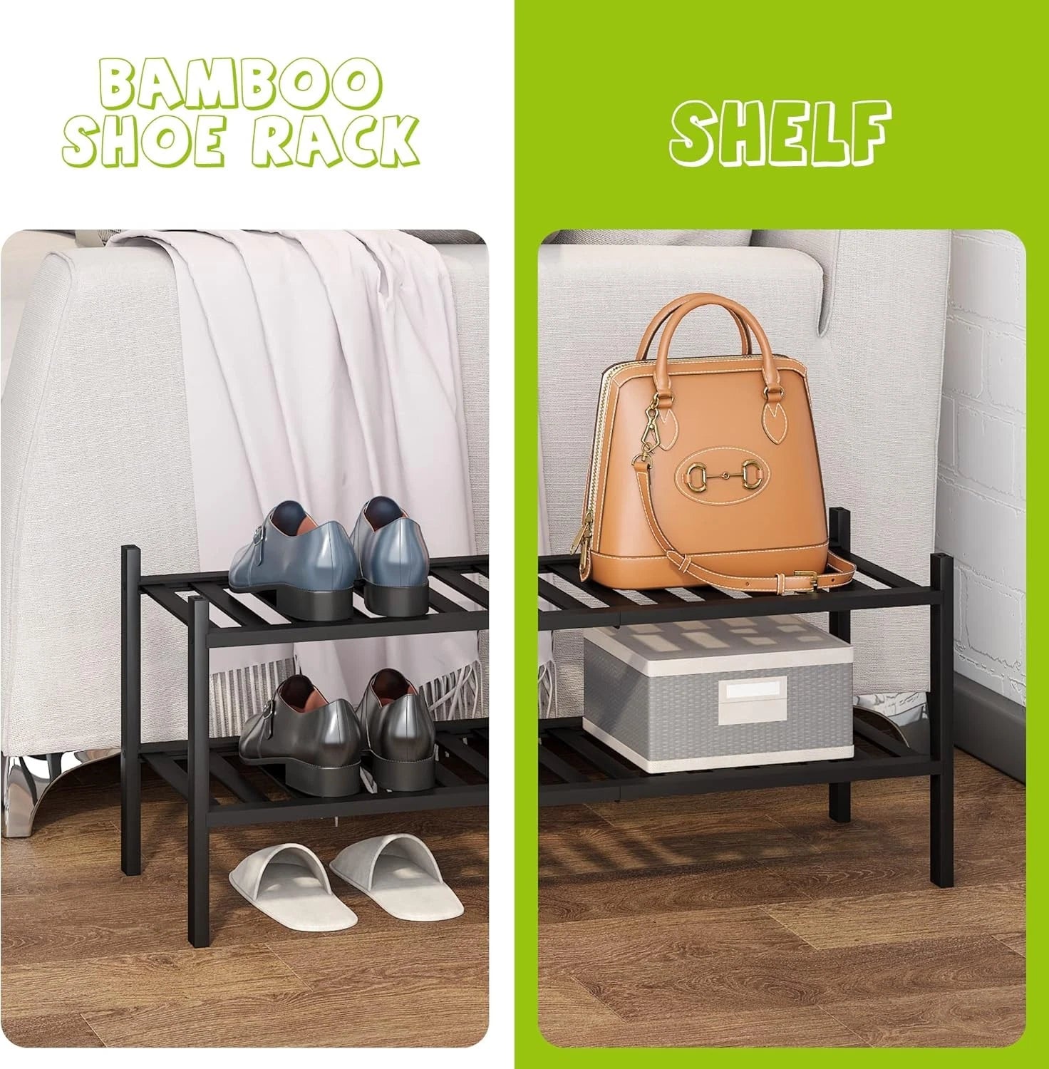 2-Tier Bamboo Shoe Rack Premium Stackable Shoe Shelf Storage Organizer 07FC0E-D4 - KOEEK