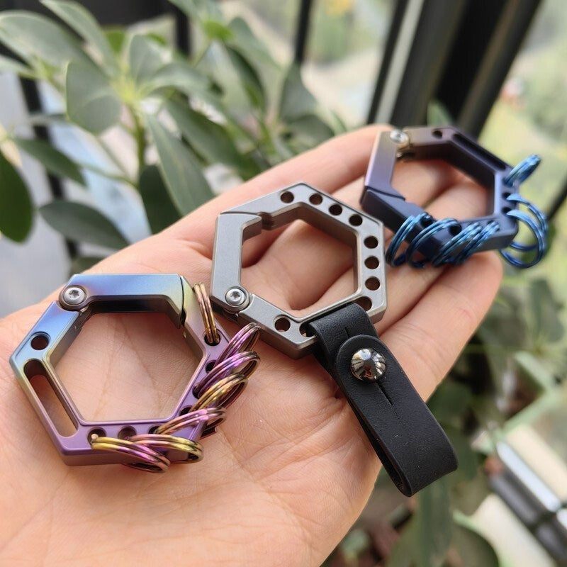 EDC Titanium Hexagon Key chain Carabiner Pendant Outdoor Connectors w/ 5 Rings 07FC0E-D4 - KOEEK