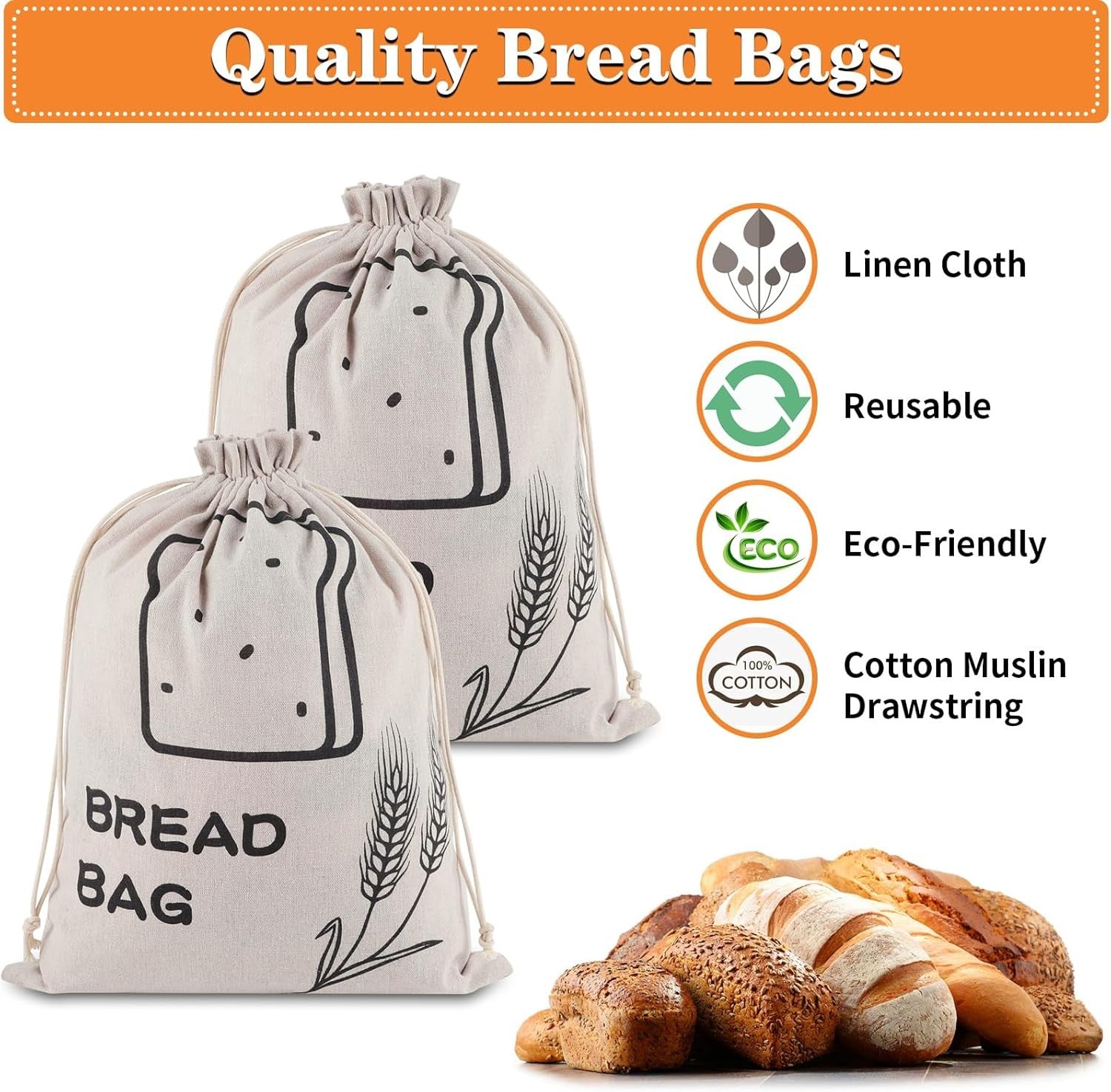 new Linen Bread Bags, 2 Pack - Plastic Lined, Reusable One Size, ivory white 07FC0E-D4 - KOEEK