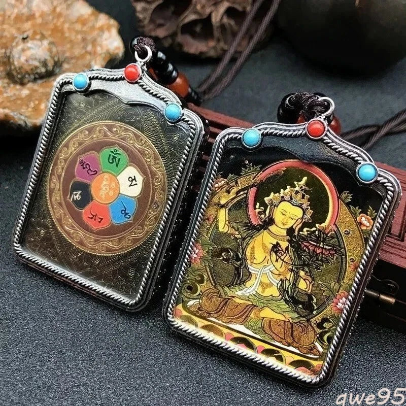 Hand-painted Thangka Nepal Buddhism Pendant Necklaces Silver Amulet 07FC0E-D4 - KOEEK