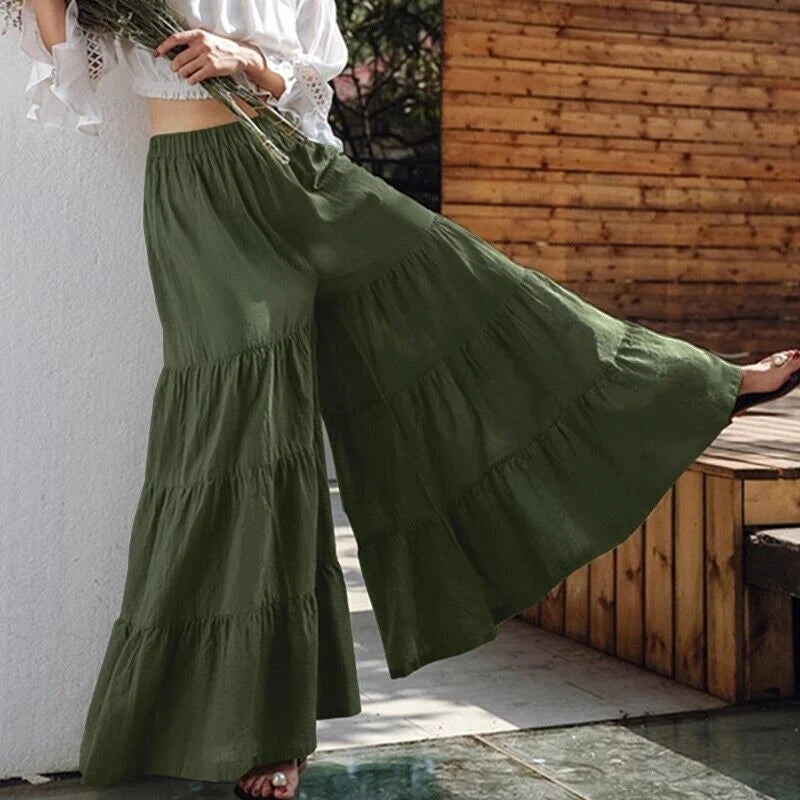 Vintage Solid Womens Wide Leg Elegant Casual Long Pants Elastic Waist Trouser 07FC0E-D4 - KOEEK