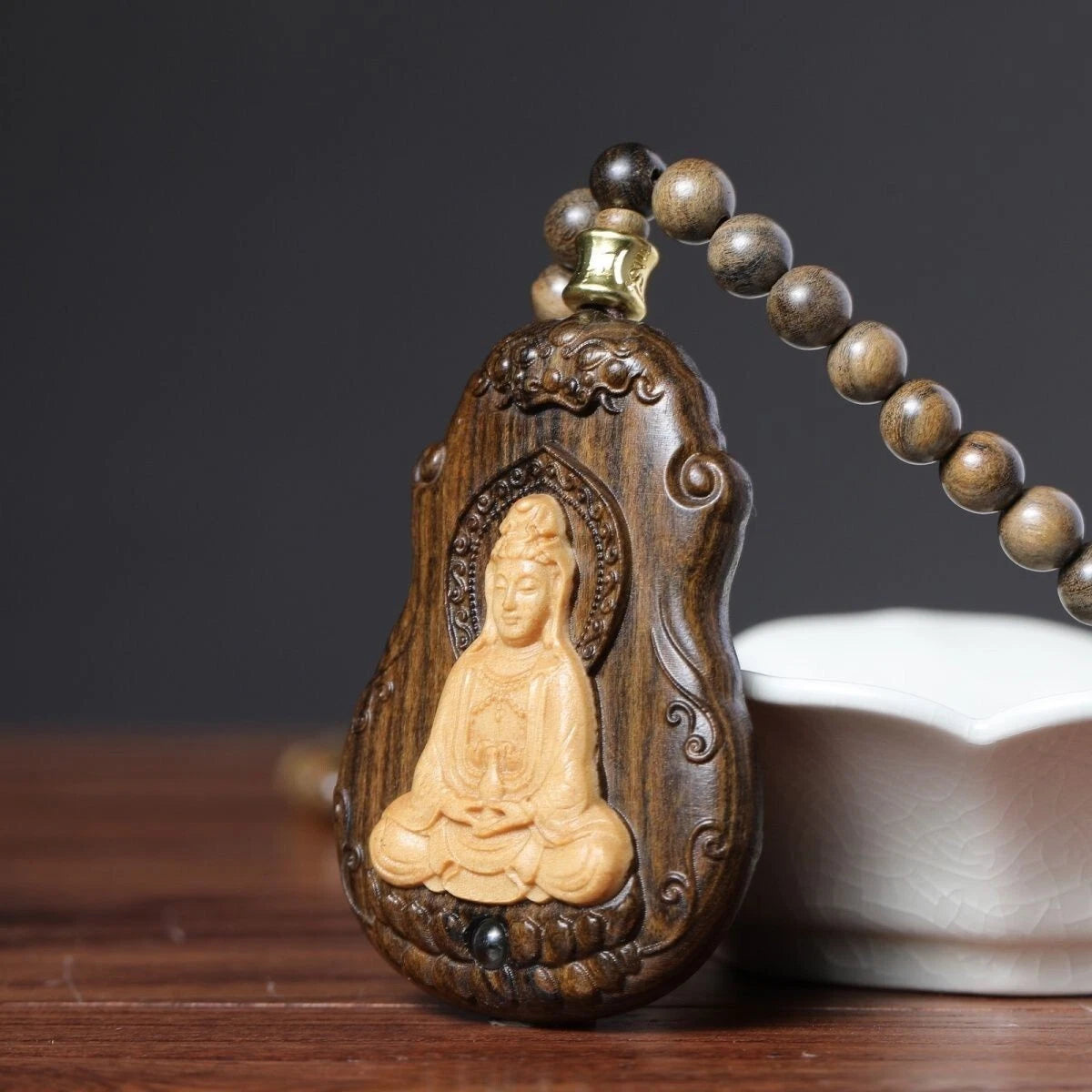 108 Beads Guanyin Buddha Bless  Pandent Necklace Natural Wood Prayer Beads 07FC0E-D4 - KOEEK