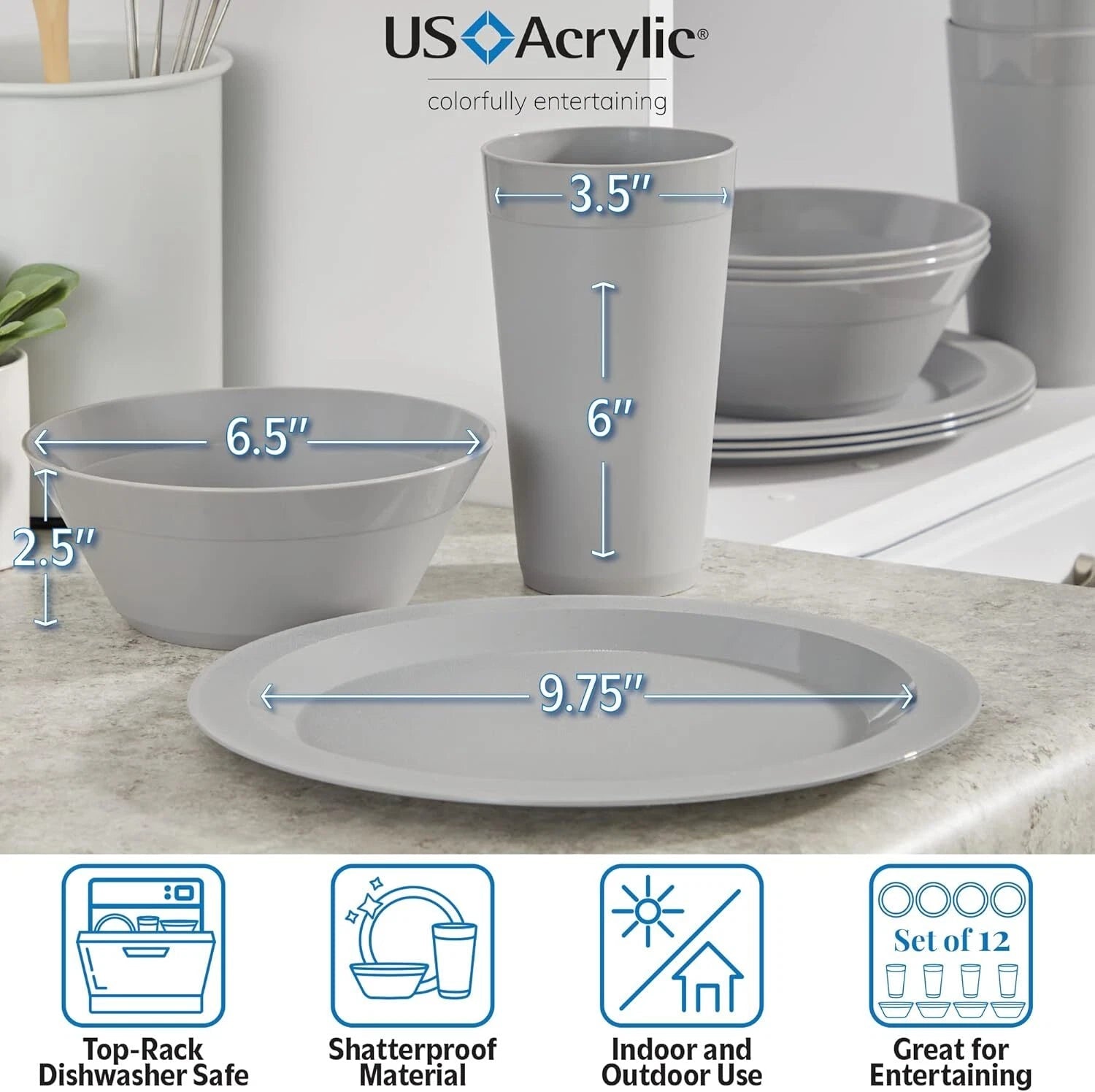 port Plastic Plate,Bowl and Tumbler Dinnerware Set for 4 in Grey Stone|12-Pic 07FC0E-D4 - KOEEK