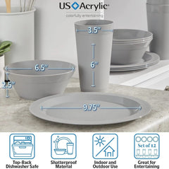 port Plastic Plate,Bowl and Tumbler Dinnerware Set for 4 in Grey Stone|12-Pic 07FC0E-D4 - KOEEK