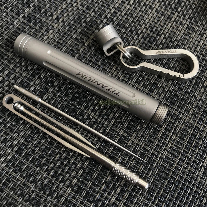 Outdoor TC4 Titanium Alloy Multi Tools Carabiner Waterproof Box Tweezers Set EDC 07FC0E-D4 - KOEEK