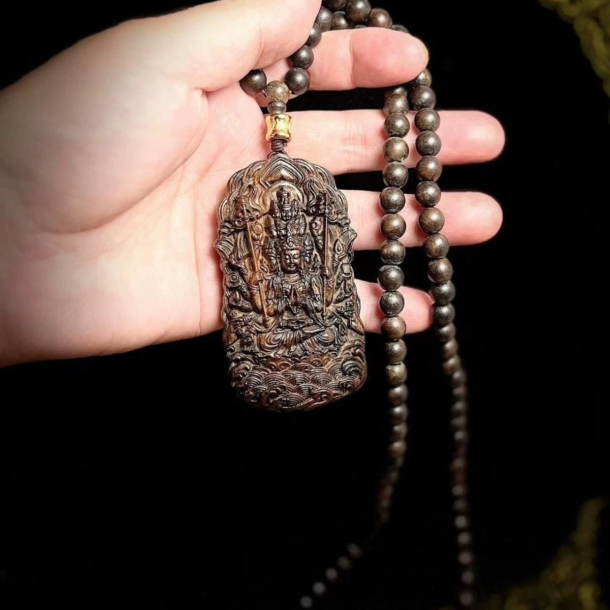 Nha Trang Agarwood Thousand Arm Guanyin Pendant Necklace Zodiac Sweater Chain 07FC0E-D4 - KOEEK