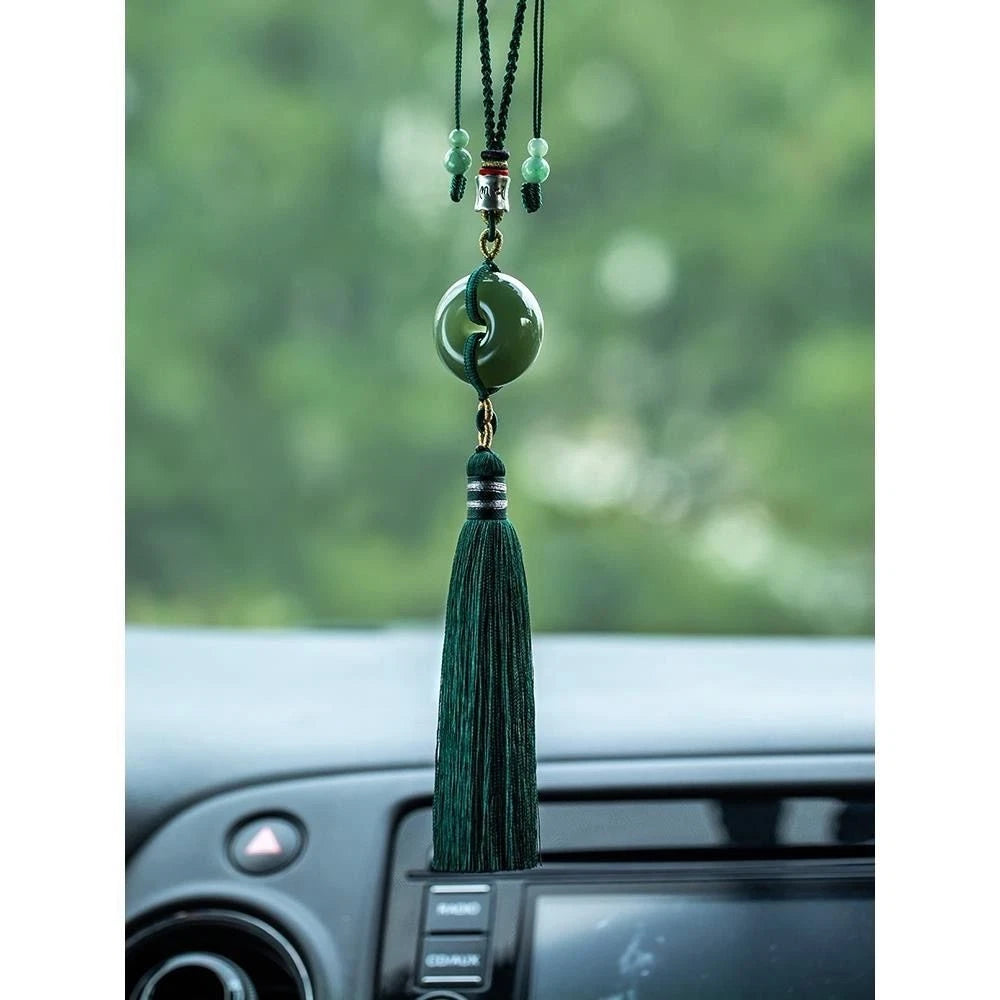 Hetian Jade Safety Buckle Car Hanging Ornament Tassel Rearview Mirror Pendant 07FC0E-D4 - KOEEK