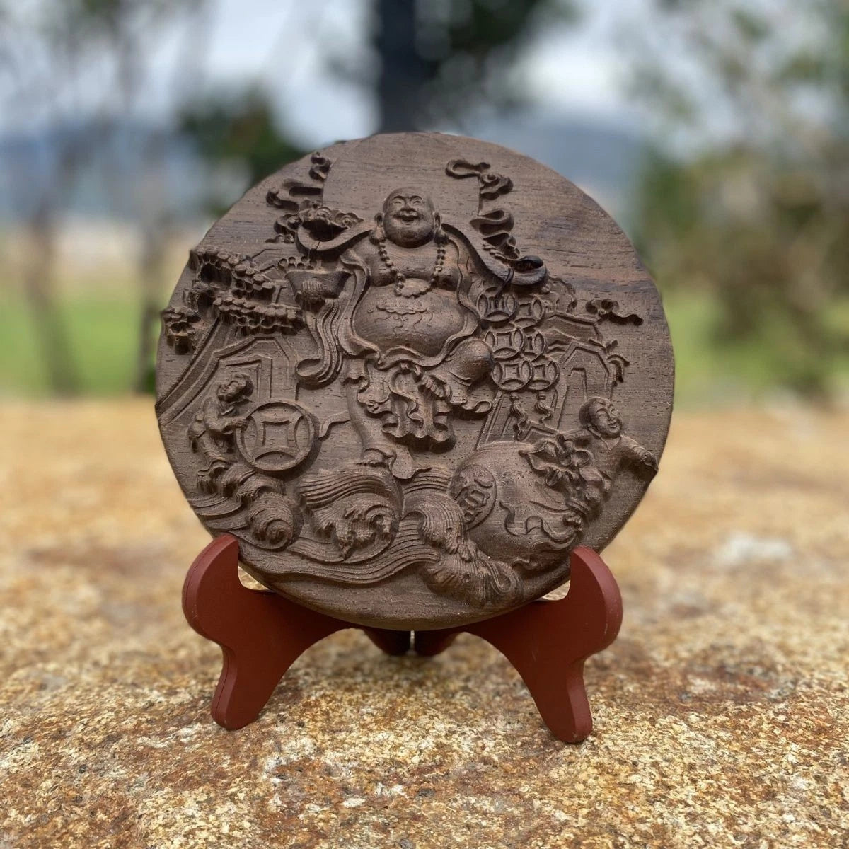 Agarwood Round Plaque Fu Lu Decor with Base 18cm 07FC0E-D4 - KOEEK