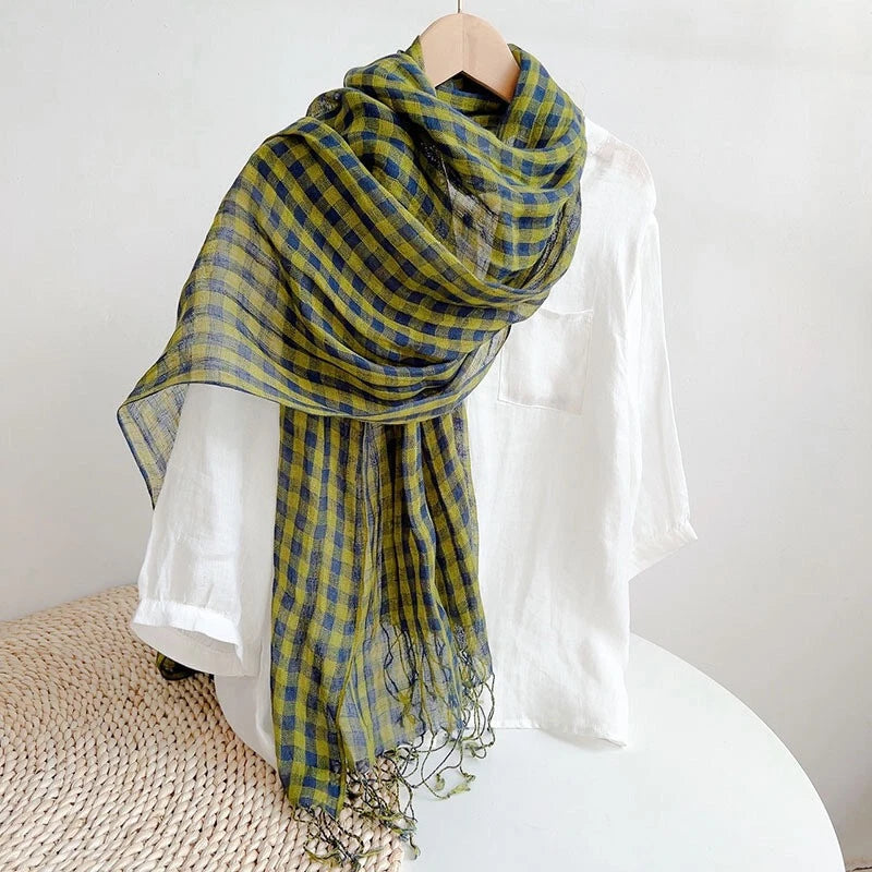 Mens Flax Linen Scarf Green Plaid Breathable Unisex Stole Shawl Neckerchief 07FC0E-D4 - KOEEK