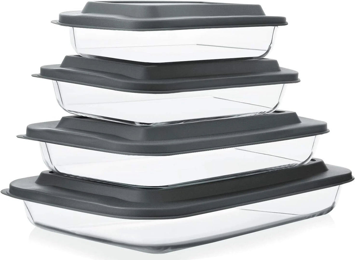 8 Piece DeepGlass Baking Pan Set, Rectangular Glass Baking Pan Set with Lid,Gray 07FC0E-D4 - KOEEK