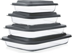 8 Piece DeepGlass Baking Pan Set, Rectangular Glass Baking Pan Set with Lid,Gray 07FC0E-D4 - KOEEK