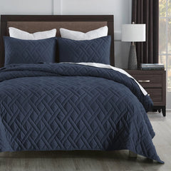 Quilt Set Queen Size Navy Blue, Classic Geometric Diamond Stitched Pattern