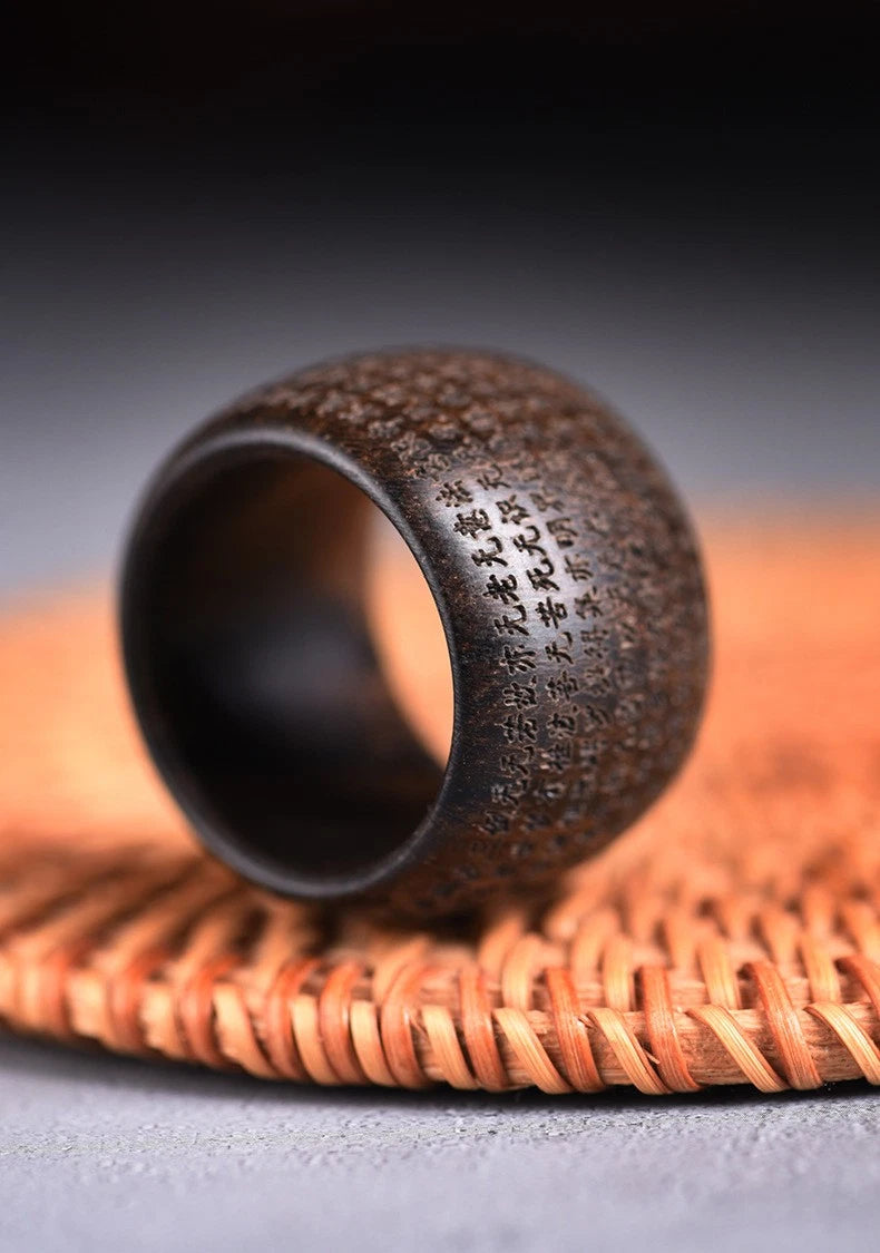 Agarwood Heart Sutra Thumb Ring Carved Wood Band Handmade Unisex Gift 07FC0E-D4 - KOEEK