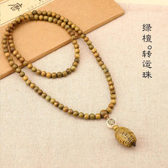 Green Sandalwood Amulet Necklace Ethnic Style Sweater Chain Buddha Bead Pendant 07FC0E-D4 - KOEEK