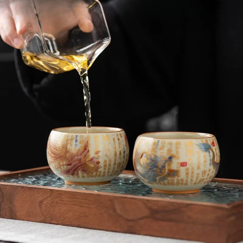 150ml Ceramic Ru Kiln Handpainted Dragon Phoenix Zen Tea-tasting Cup Master Cup 07FC0E-D4 - KOEEK