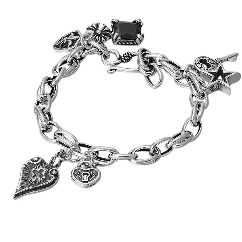 925 Sterling Silver Thick Chain Pendant Charm Bracelet Retro Unique Party Bangle 07FC0E-D4 - KOEEK