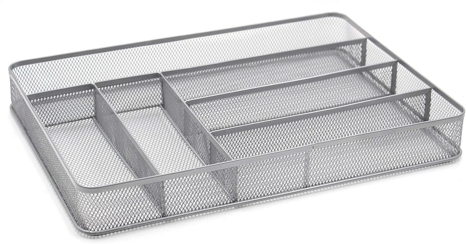 Mesh Utensil Tray, 6 Compartment Kitchen Silverware Rack Organizer, Silver 07FC0E-D4 - KOEEK