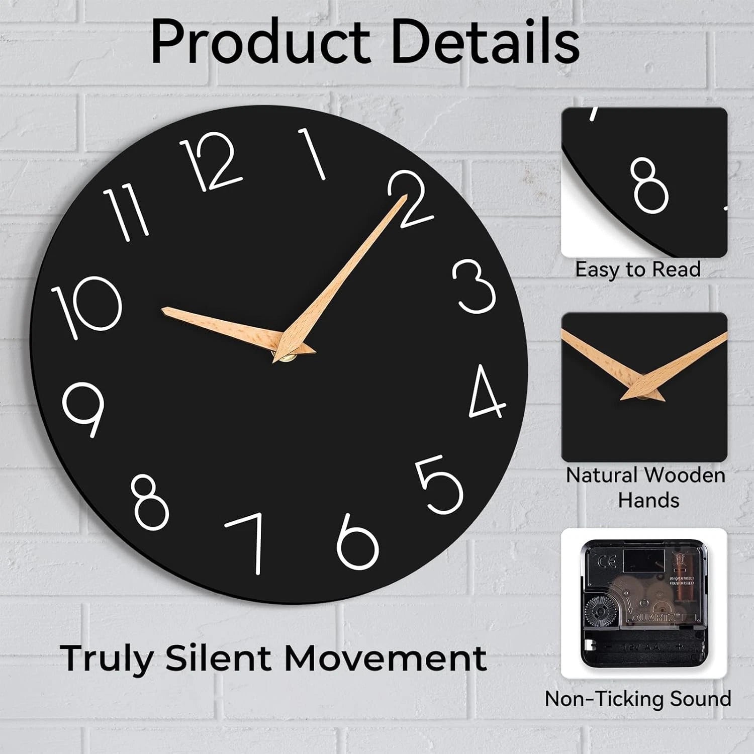 Wall Clock,14''Wooden Silent Non-Ticking, Decorative Battery Operated Wall Clock 07FC0E-D4 - KOEEK