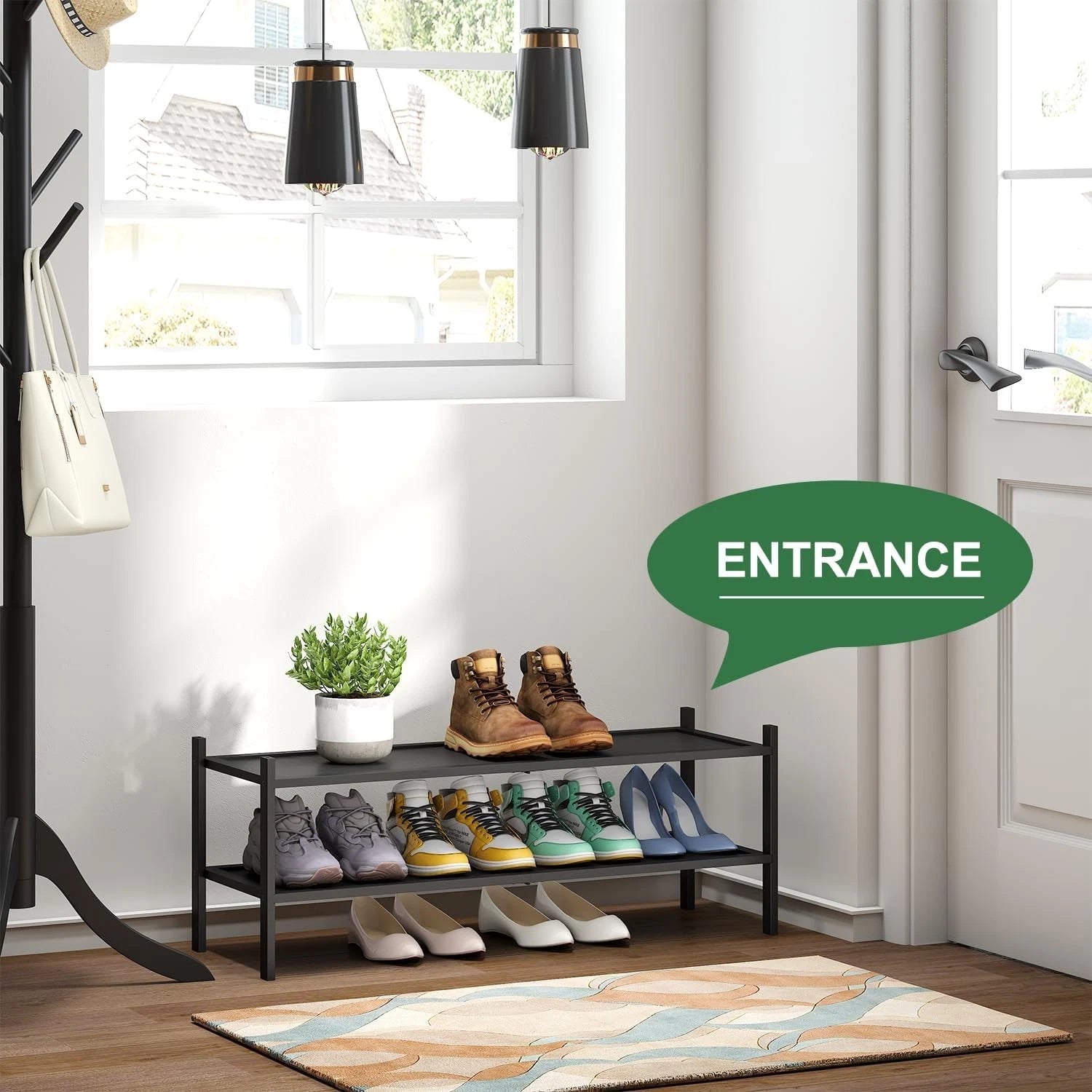 Black 2-Tier Long Stackable Bamboo Wood Shoe Rack for Closet, Entryway & Hallway 07FC0E-D4 - KOEEK