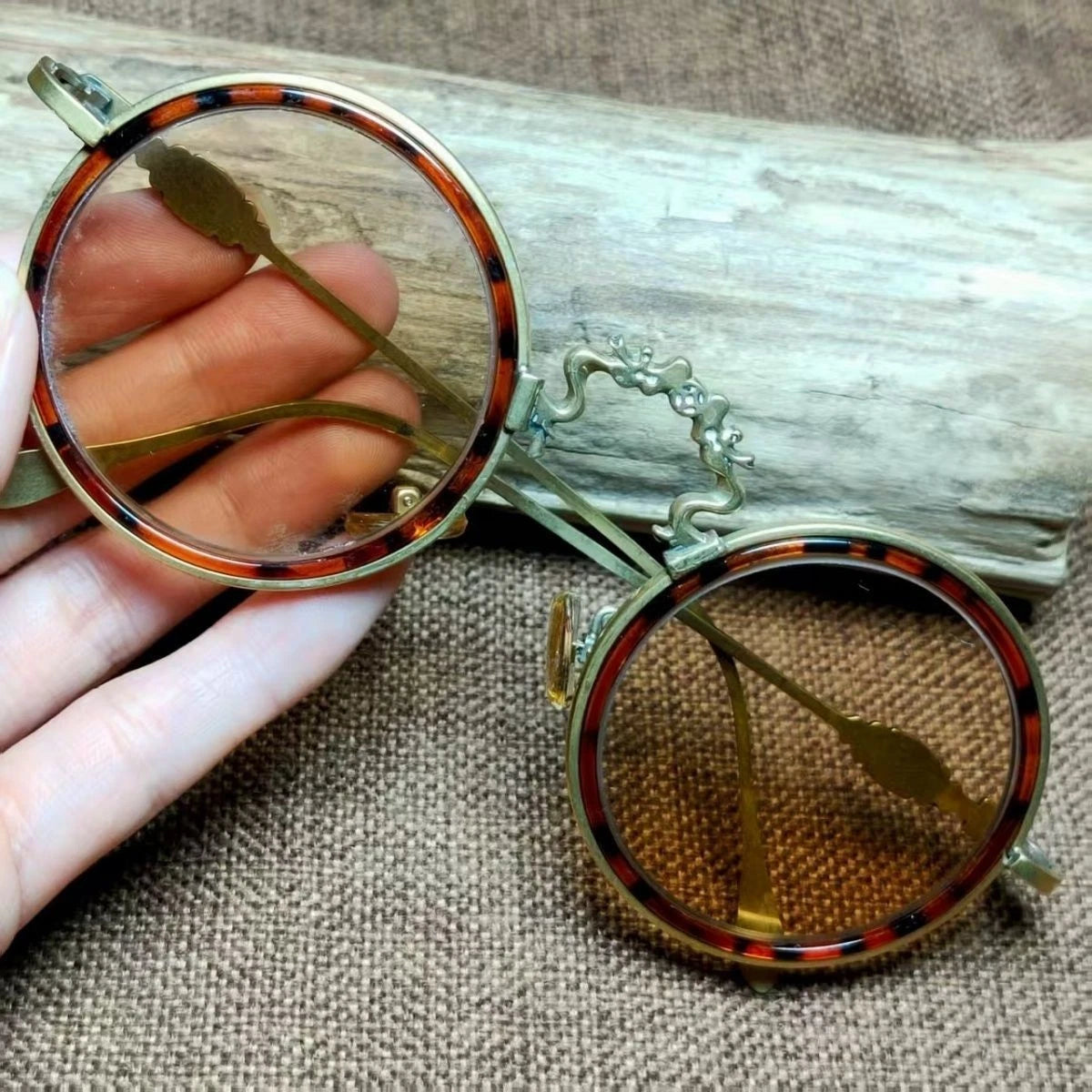 Vintage Chinese Crystal Round Glasses Tea Tint Copper Frame Eyewear Sunglasses 07FC0E-D4 - KOEEK