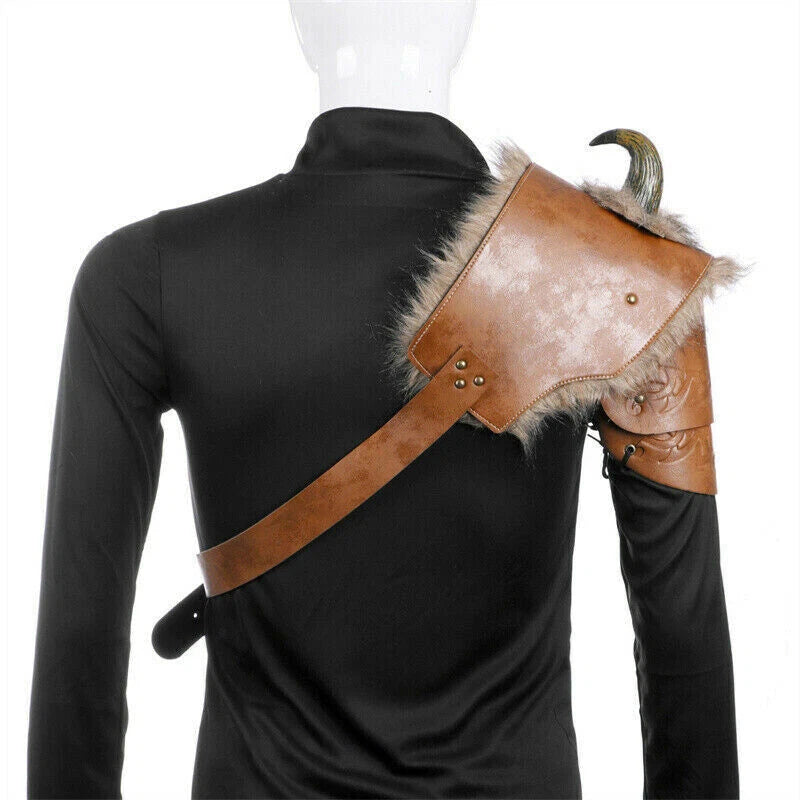 Men's Medieval Armor Shoulder Fur Viking PU Leather Armor w/Horn Halloween Prop 07FC0E-D4 - KOEEK