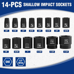 new WORKPRO 1/2” Drive Shallow Impact Socket Set, SAE Cr-V Steel 14PCS, WORKPRO - KOEEK