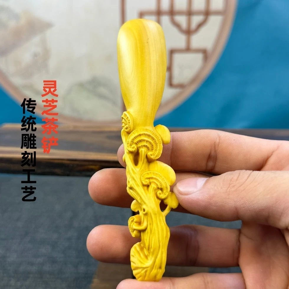 Boxwood Carved Lingzhi Tea Scoop Home Décor Chinese Style Handicraft Ornament 07FC0E-D4 - KOEEK