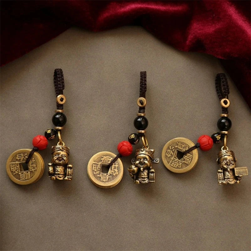 Vintage Brass Wealth God Keychain Amulet Handmade Braided Rope  Pendant 07FC0E-D4 - KOEEK