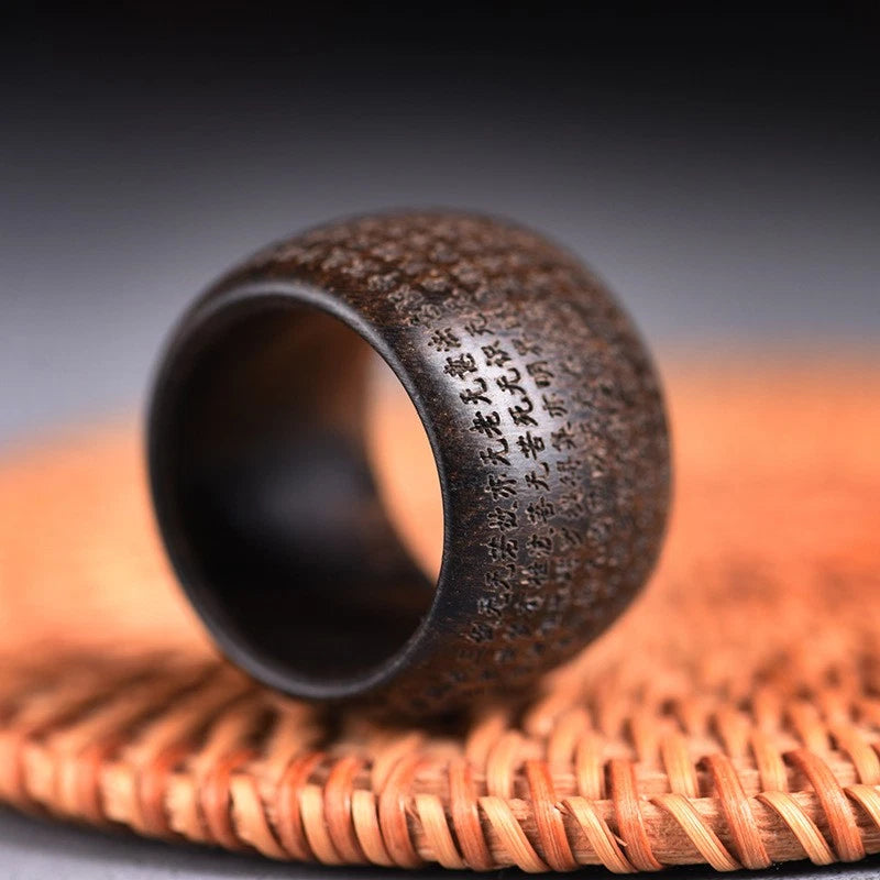 Agarwood Heart Sutra Thumb Ring Carved Wood Band Handmade Unisex Gift 07FC0E-D4 - KOEEK