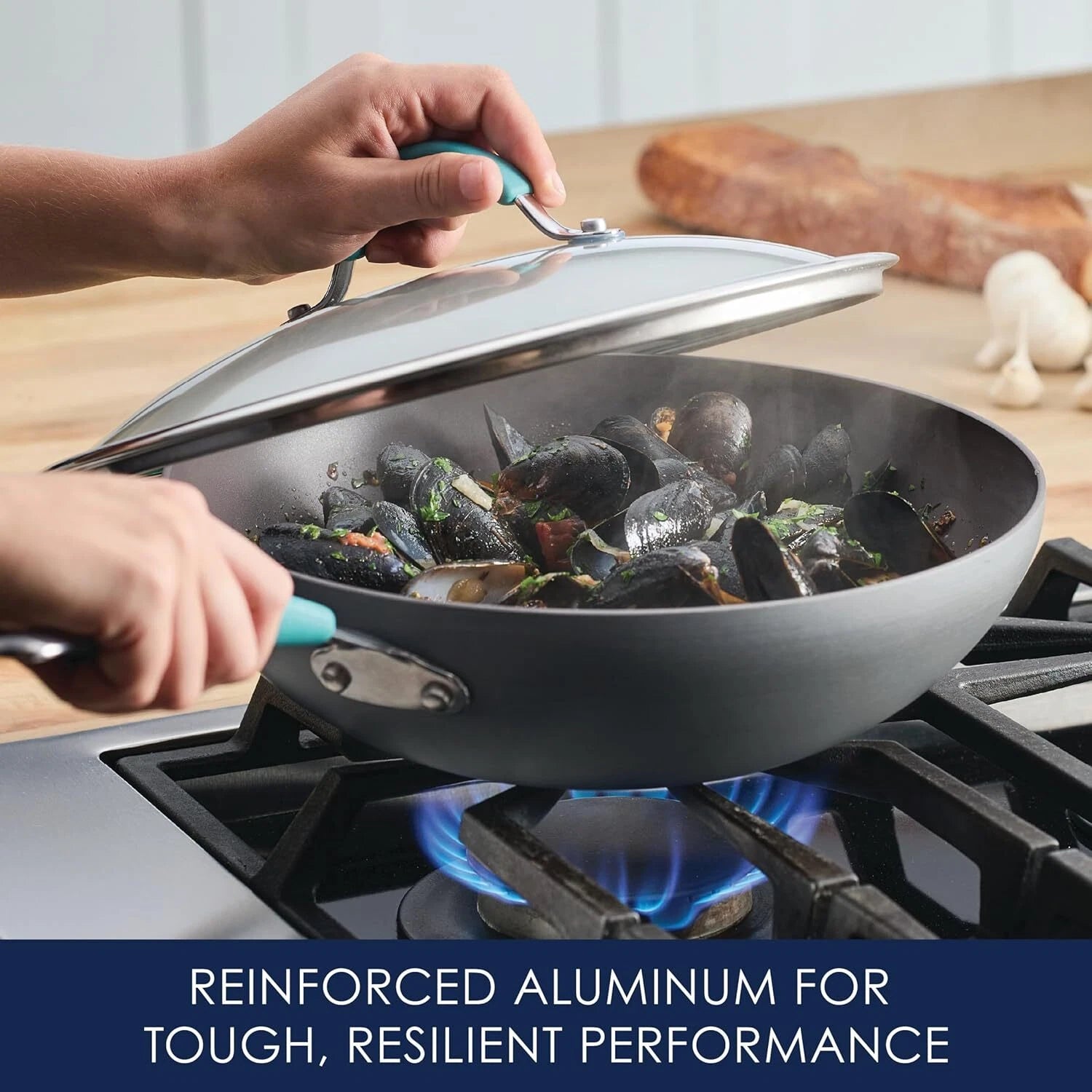 Hard Anodized Non-Stick Wok with Lid,11-Inch Wok with Lid,Gray with Blue Handles 07FC0E-D4 - KOEEK
