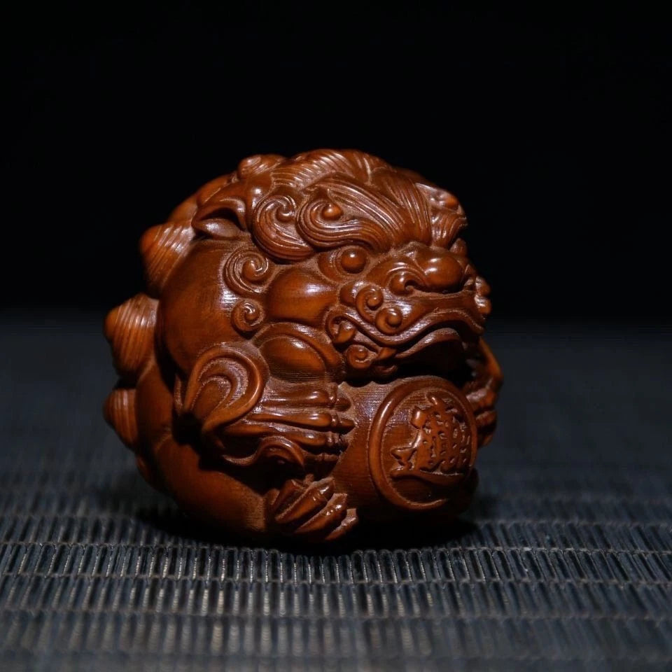 Boxwood Wood Carved Pixiu Holding Ball 6cm Handheld Worry Piece Car Pendant 07FC0E-D4 - KOEEK