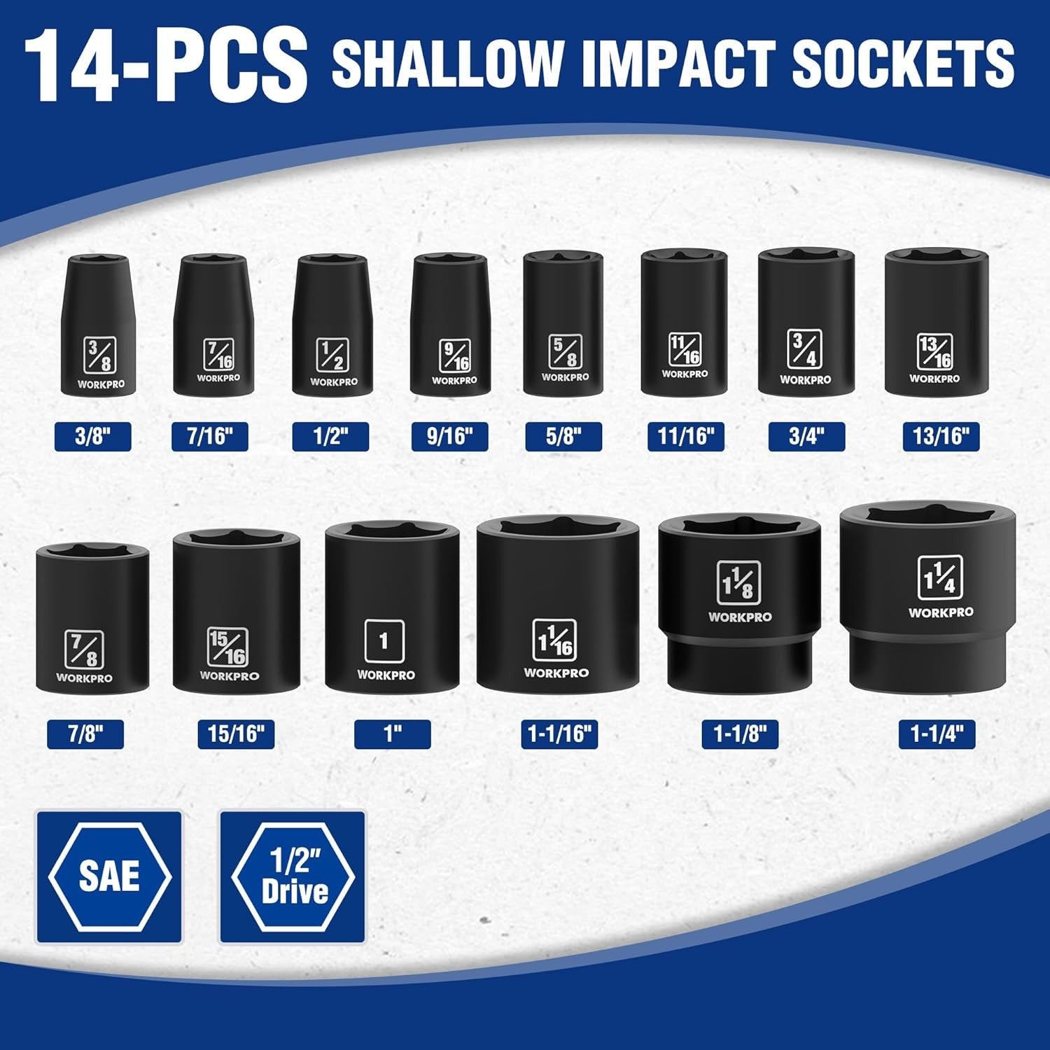 new WORKPRO 1/2” Drive Shallow Impact Socket Set, SAE Cr-V Steel 14PCS, WORKPRO - KOEEK