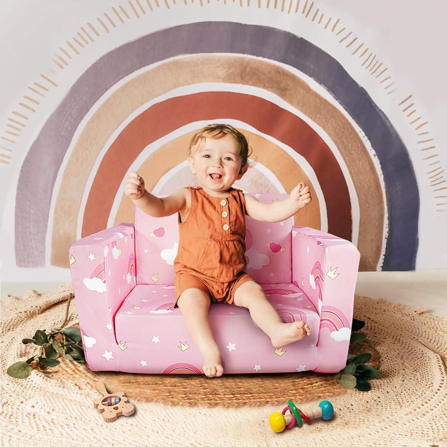 new Kids Couch, 2-in-1 Toddler Sofa Fold Out, Soft Chair for Pink Unicorn 07FC0E-D4 - KOEEK