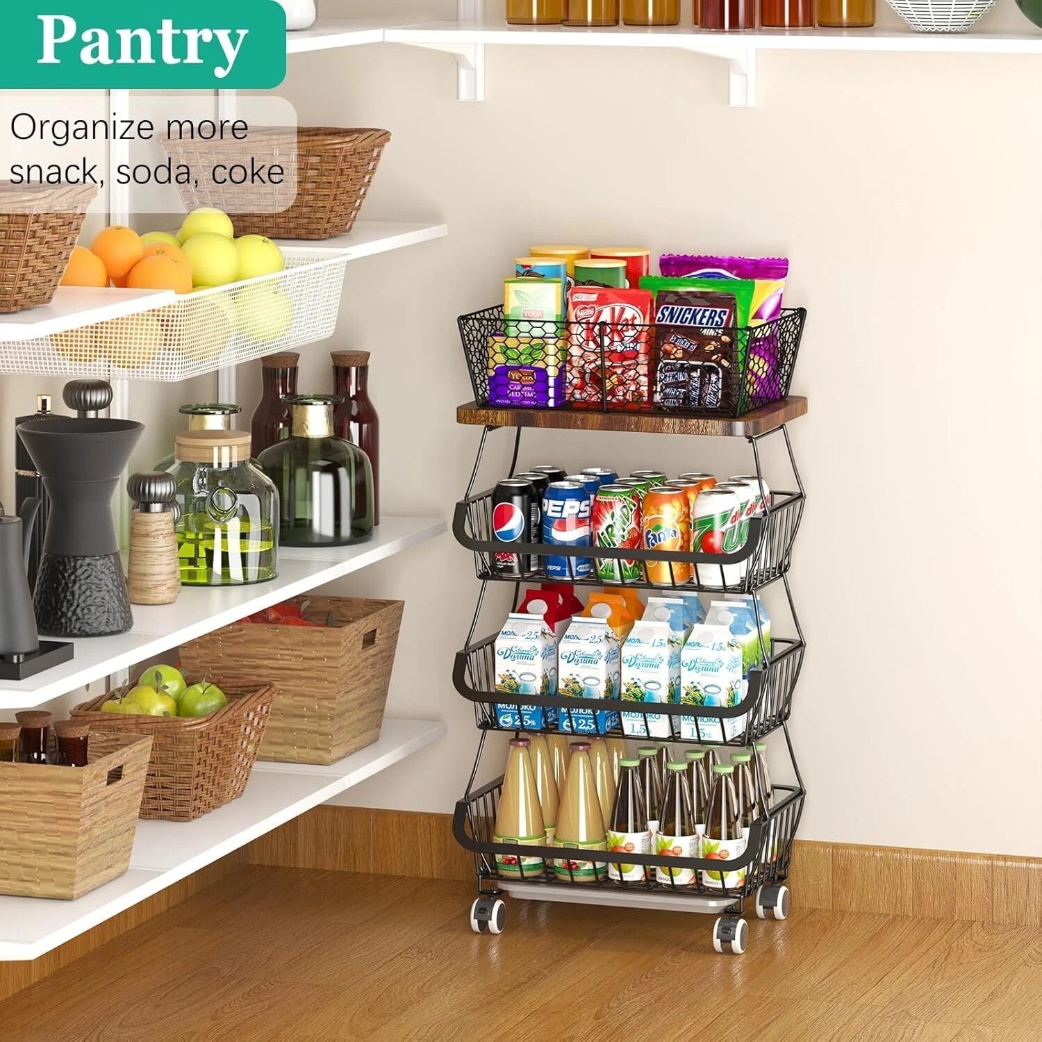 Kitchen Fruit Basket with Wooden Lid, 4 Tier Stackable Wire Storage Basket 07FC0E-D4 - KOEEK