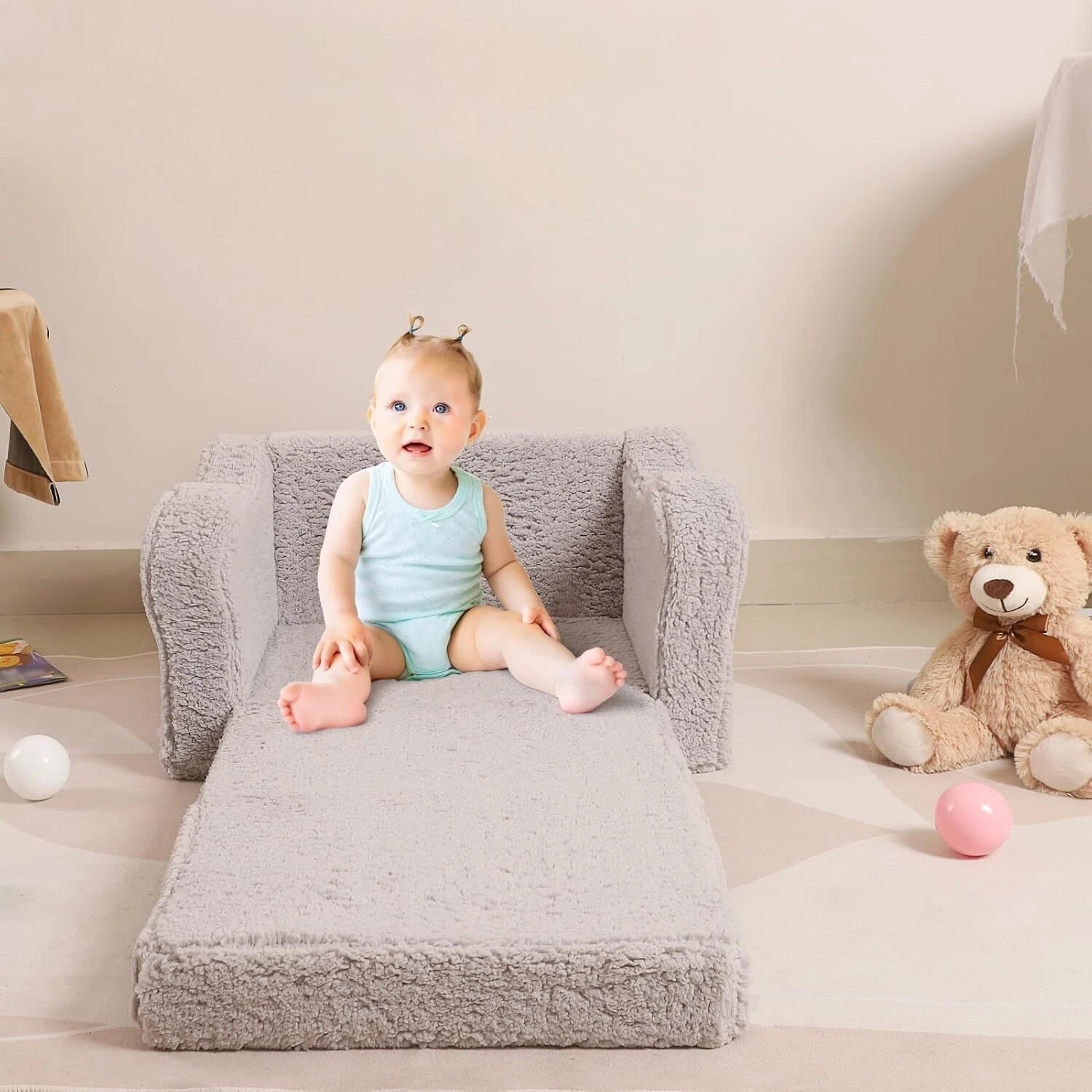 Kids Chairs for Toddler, 2-in-1 Toddler Soft Sherpa Couch Fold Out, Convertible 07FC0E-D4 - KOEEK