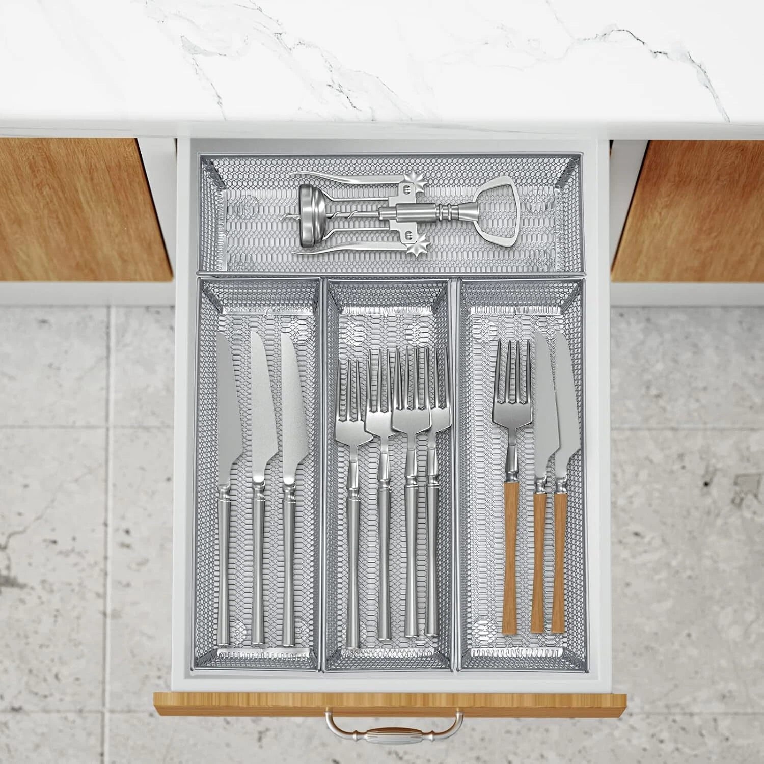 Metal Silverware Organizer, Mesh Drawer Organizer (Silver 9 * 3 * 2 inch 6-Pack) 07FC0E-D4 - KOEEK