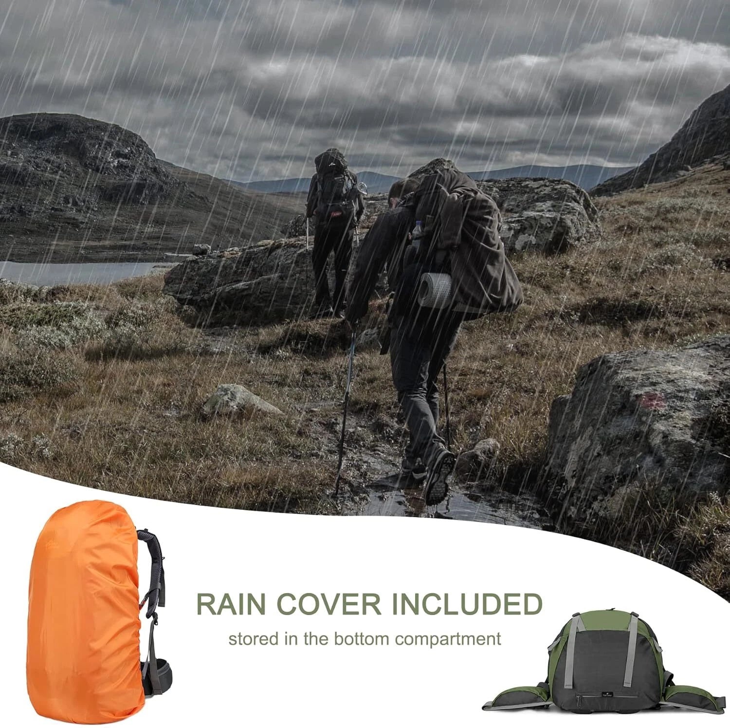 50L Hiking Travel Backpack, Waterproof Camping Essentials Bag with Rain Cover 07FC0E-D4 - KOEEK
