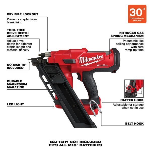 ny Milwaukee Tool 2745-20 M18 Brændstof 30-graders rammesømpistol (kun værktøj)