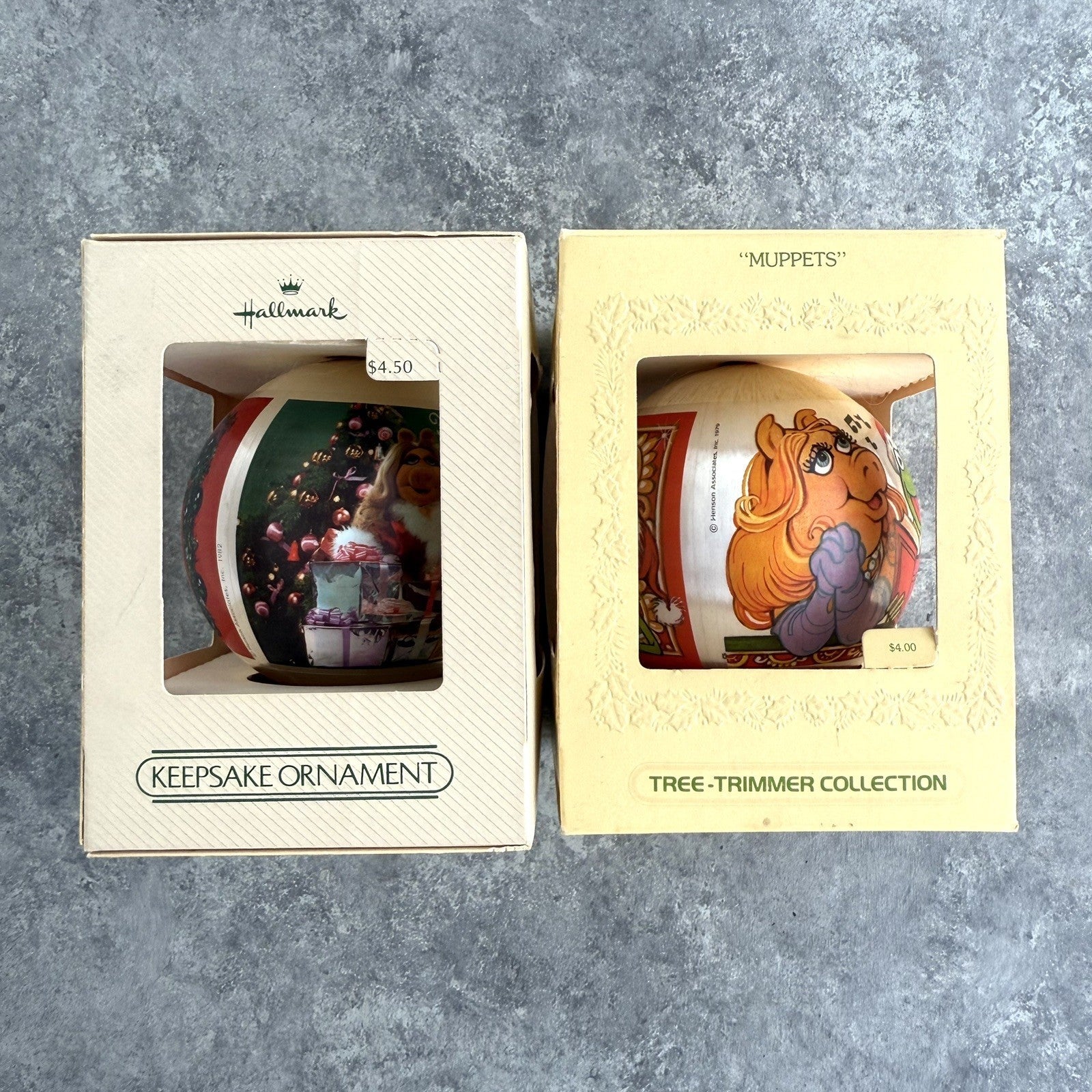(2) Hallmark Kermit Miss Piggy Muppets 1980 & 1982 Satin Ball Ornament w/Box Lot HALLMARK - KOEEK
