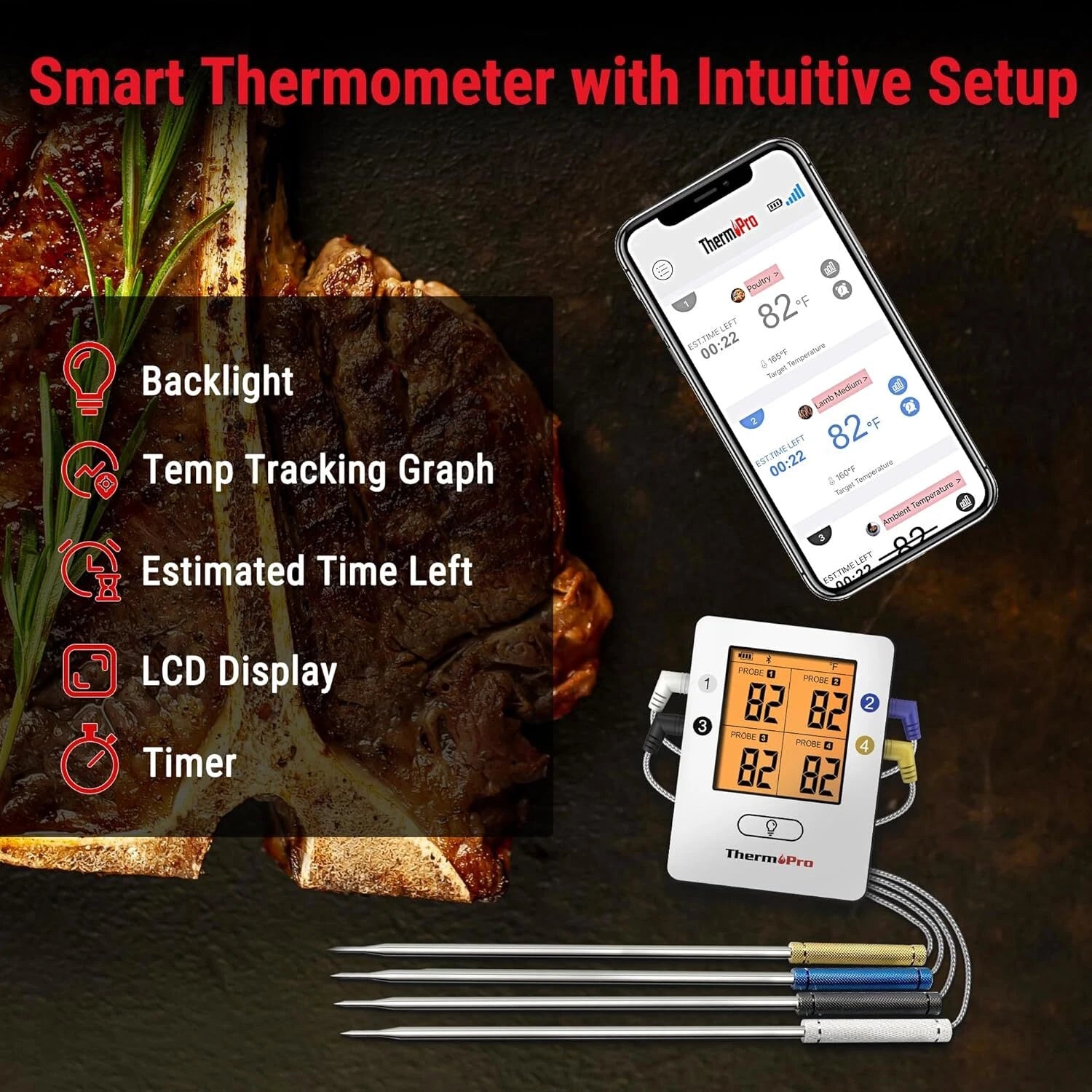 Wireless Meat Thermometer with 4 Probes, Bluetooth Meat Thermometer for Cooking 07FC0E-D4 - KOEEK