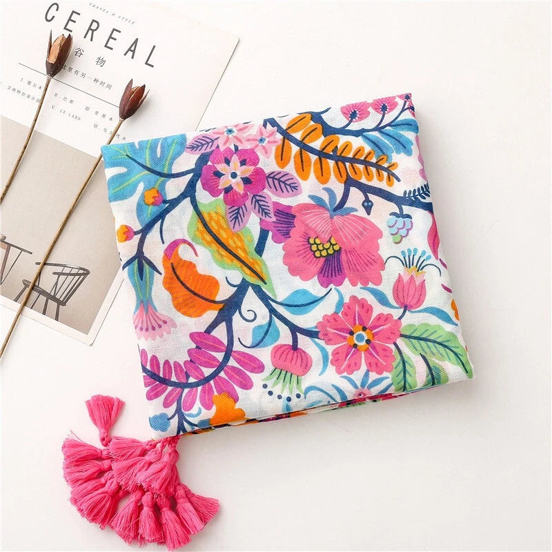 Womens Garden Floral Shawl Tassel Colorful Beach Vacation Pashmina Wrap Scarf 07FC0E-D4 - KOEEK