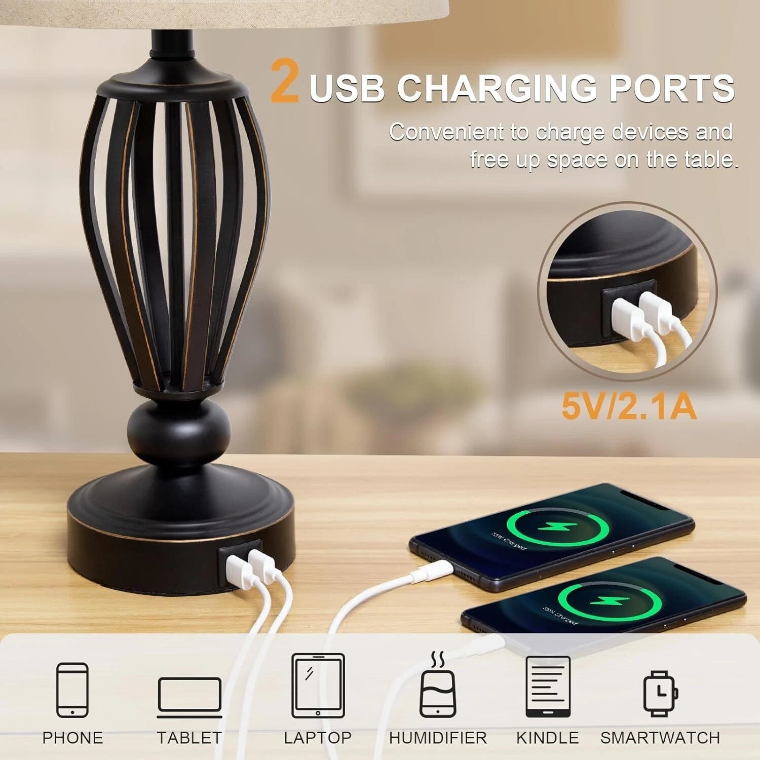 USB Bedside Lamp, 3-Way Dimmable Touch Table Lamp, Black Metal Base 07FC0E-D4 - KOEEK