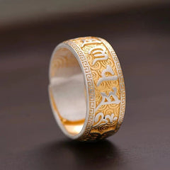 Silver Plated Chinese Style Six Word Mantra Open Ring Adjustable Mens 07FC0E-D4 - KOEEK