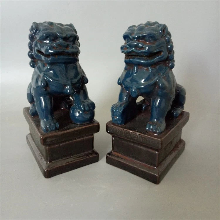 Chinese Old Pair Blue Glazed Porcelain Foo Dogs Statues Action Figure Collection 07FC0E-D4 - KOEEK