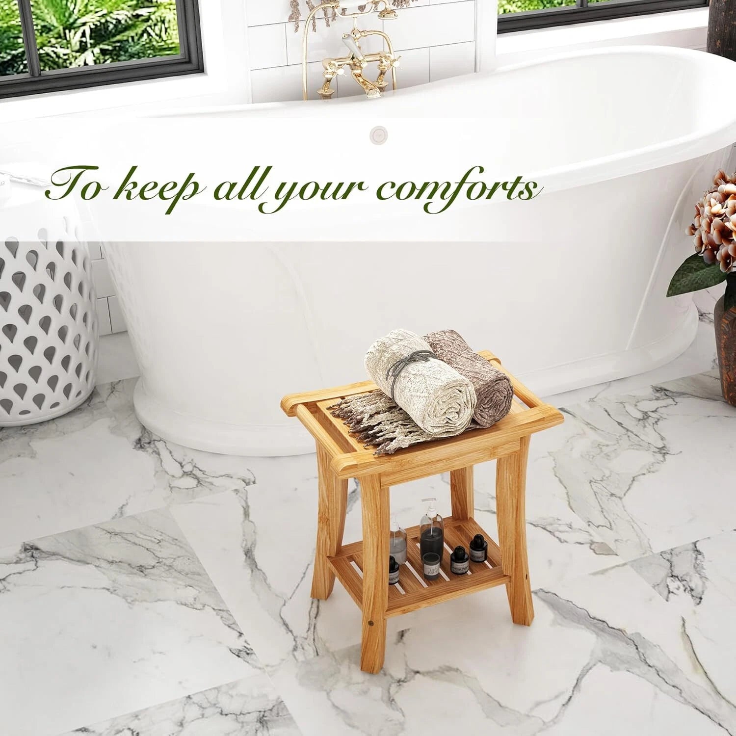 Bamboo Shower Chair with Storage Shelf, Spa Bath Chair for Bathrooms 07FC0E-D4 - KOEEK