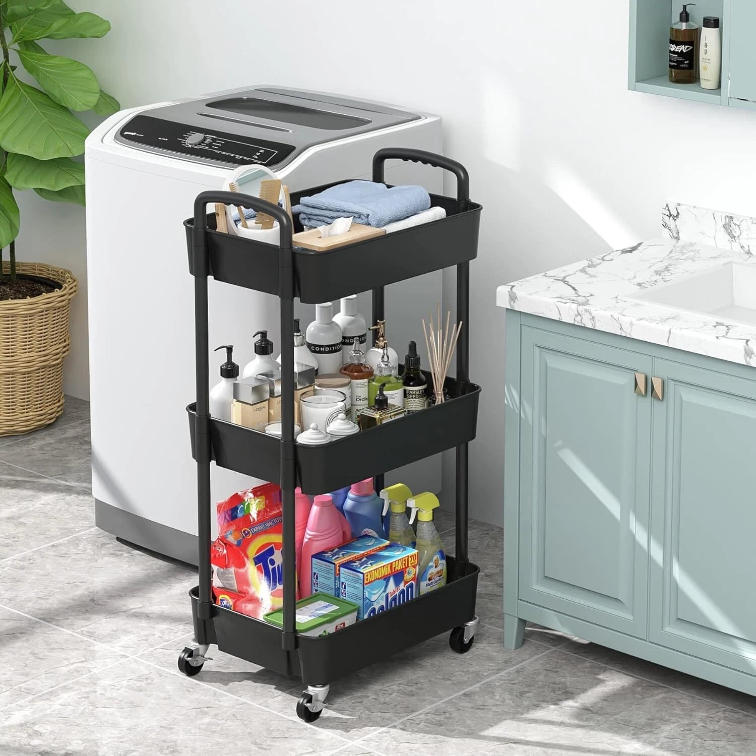 3-Tier Plastic Rolling Utility Cart with Handle,Multi-Functional Storage Trolley 07FC0E-D4 - KOEEK