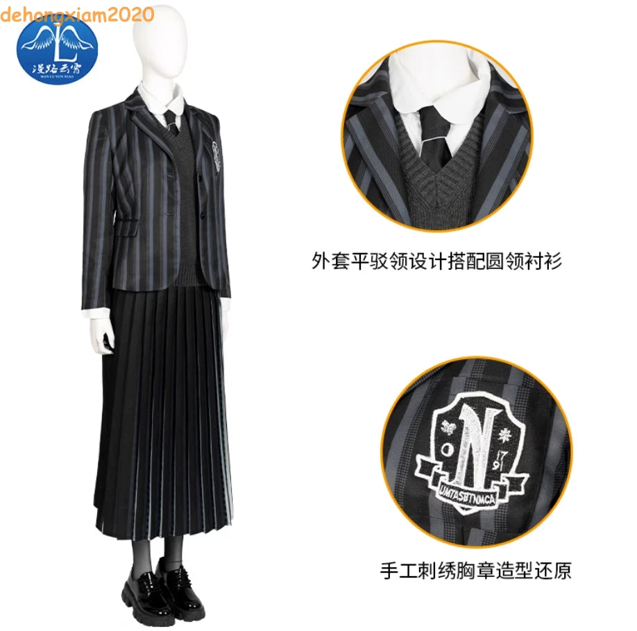 Tv Wednesday Addams Wednesday Cosplay School Uniform Suit Costumes Pleated Skirt 07FC0E-D4 - KOEEK