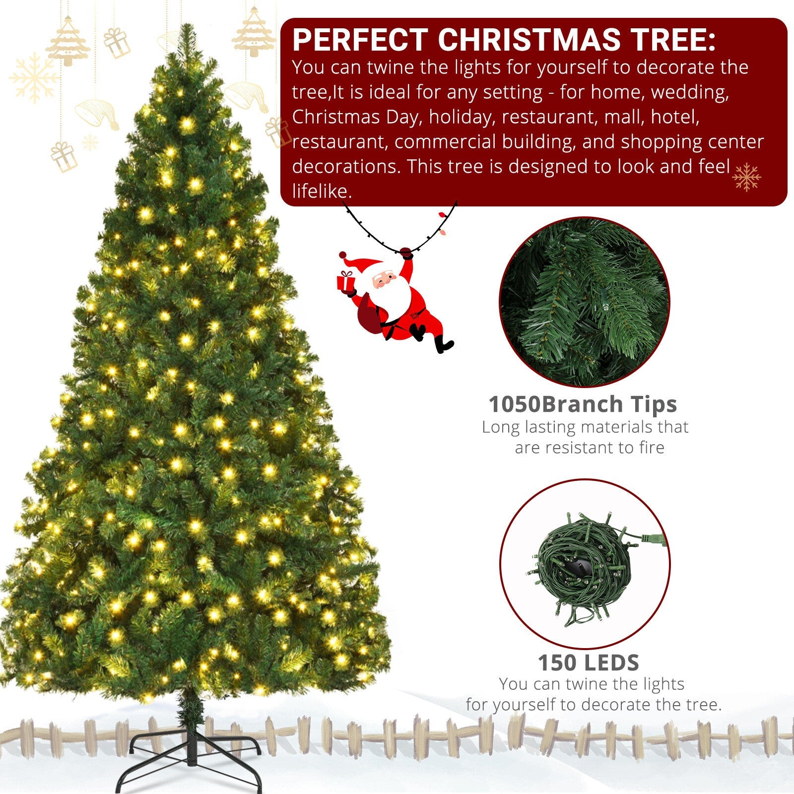 6FT Christmas Tree Artificial Tree Holiday Decor With LED Lights & Metal Stand 07FC0E-D4 - KOEEK